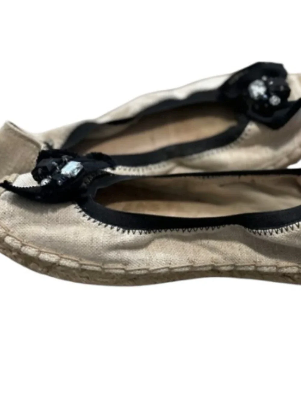 Simply Vera Vera Wang Ethel Espadrille Flats Tan & Black Bow Rhinestone Size 8.5